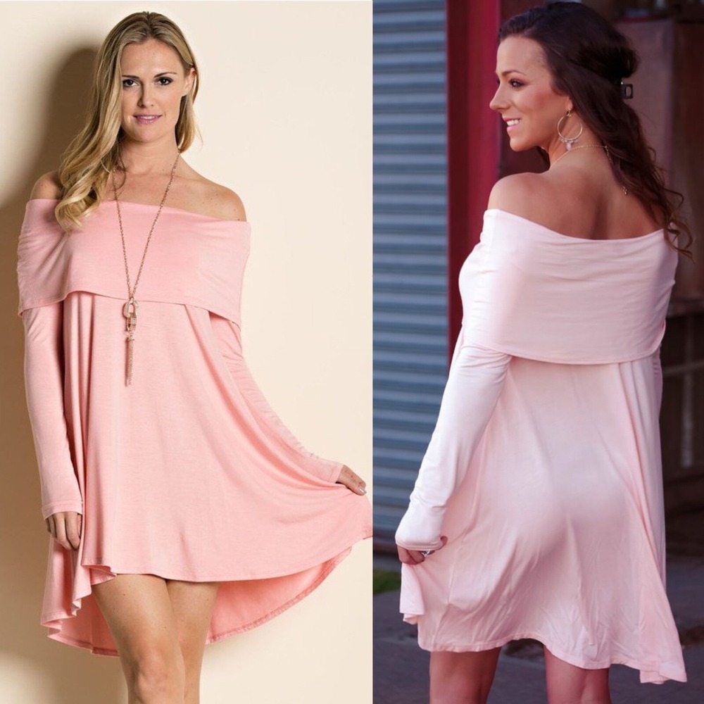 EZRA Pale Pink Off The Shoulder Stretchy Soft Jersey Long Sleeve Dress NWT Small